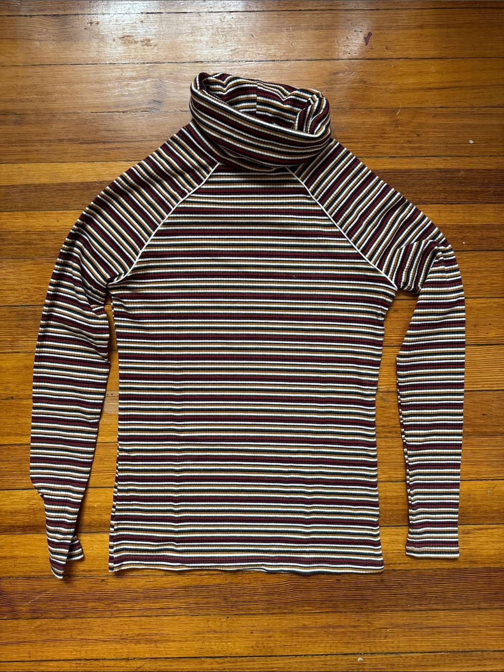 Striped Turtleneck Long-Sleeve Top in Burgundy, Cream & Black